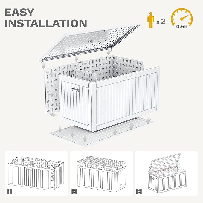 DWVO 260 Gallon Double-Wall Deck Box with Divider, XXL Extra Large Resin Outdoor Storage Box, Lockable & Waterproof, Double as Seating, 1000lbs Capacity (Grayish-White)