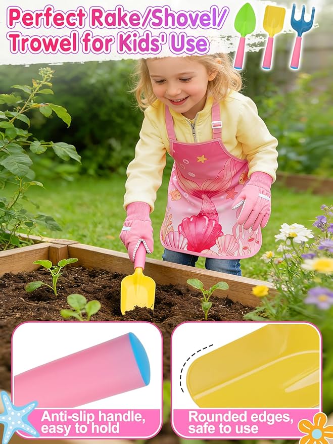 Kids Gardening Tool Set - Garden Tools for Kids with Shovel Trowel Rake Apron Gloves Watering Can and Tote Bag, Outdoor Toys Great Gifts for 3 4 5 6 7 8+ Years Old Girls (Upward Mermaid Tail)