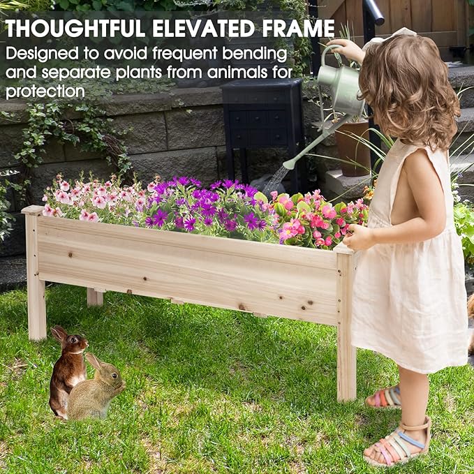 HAPPYGRILL Raised Garden Bed, Wood Planter Box with Legs, 5 Drainage Holes, Elevated Garden Bed for Vegetables Flowers, Outdoor Plant Container for Yard Garden