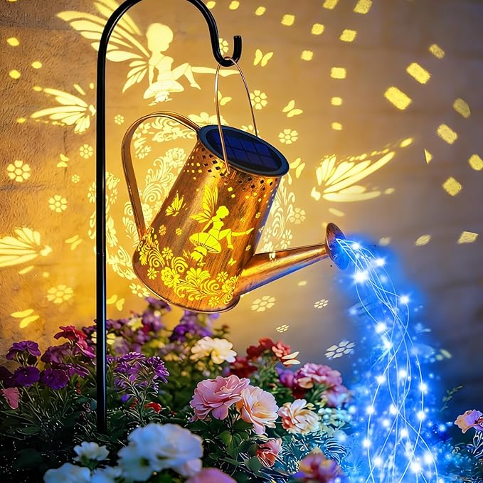YJFWAL Solar Watering can with Lights, Gardening Gifts for Mothers Day Mom Grandma Women Birthday, Waterproof Watering Can with Cascading Lights Outdoor Decor for Garden Patio Yard Pathway (Blue)