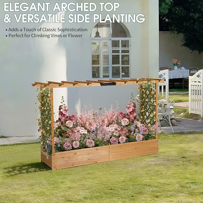 VINGLI Raised Garden Bed with Trellis & Hanging Roof, Wooden Garden Bed, Outdoor Planter Box for Yard, Garden, Balcony (Teak Color, Wider)