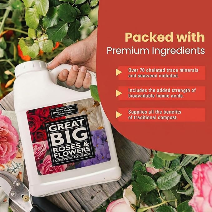 Great Big Roses & Flowers Liquid Fertilizer Booster - Improves Soil Structure & Nutrient Uptake, Organic Compost Extract Flower Bloom Booster, Ideal Gift's for Mom - 4 Gallon (Makes 128 Gallons)