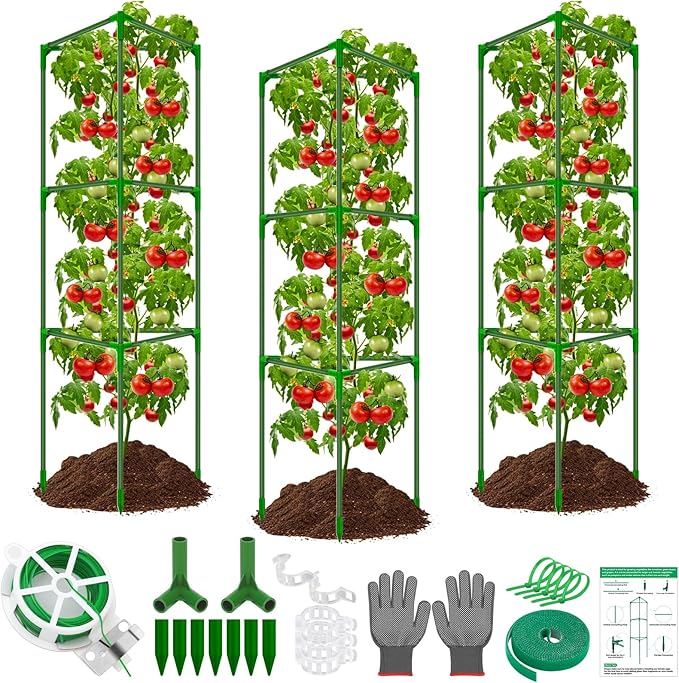 3 Packs Fiberglass Tomato Cages for Garden, 56 Inch Tall Tomato Plant Support, Adjustable Tomatoes Stakes Plant Climbing Trellis for Garden Vegetables Fruits, Tomatoes Support Cages with Clips