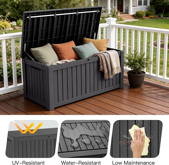 Mars Villa 120 Gallon Outdoor Storage Box, Resin Deck Box Waterproof for Patio Furniture Cushions, Pool Supplies, Gardening Tools, Weatherproof and UV Resistant, Black