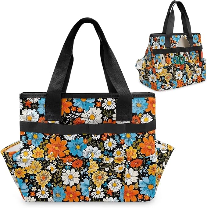 Hippie Flower Garden Tool Bag Portable Gardening Tool Organizer Bag with 10 Pockets and Handle Tool Carrier and Storage for Garden Lawn Yard Casual Camp