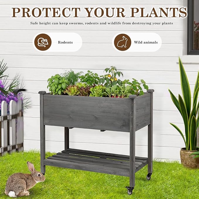 Raised Garden Bed with Lockable Wheels, 32x16x32 inch Elevated Wood Planter with Storage Shelf Protective Liner for Vegetable Flower Herb Outdoor Balcony Patio Backyard, Grey