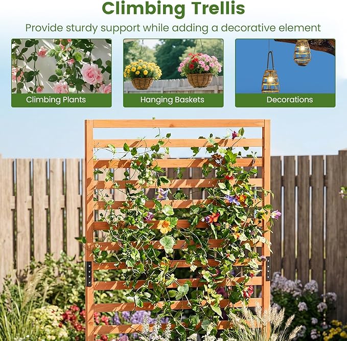 HAPPYGRILL Raised Garden Bed with Trellis, 59" Tall Wooden Elevated Planter Box w/Liner, Drainage, Detachable Base Panel for Climbing Plant Vine Flower, Outdoor Planter w/Trellis for Patio (2)