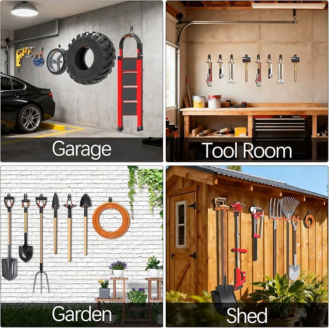 3-H Garage Wall Hooks Heavy Duty 31 Pack, Anti-Slip Steel Wall Mount Storage Hooks for Hanging Ladder Garden Yard Tools, Utility Organizer for Garage Lawn Shed (Orange)