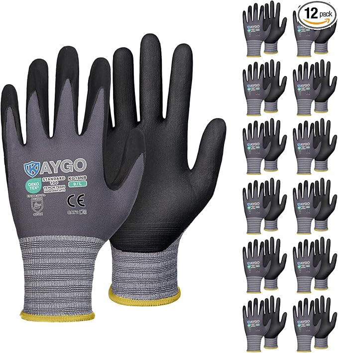 KAYGO Safety Work Gloves MicroFoam Nitrile Coated, 12 Pairs KG18NB,Seamless Knit Nylon Glove for Men and Women, Ideal for Automotive,Warehouse,Construction (Large,Gray)