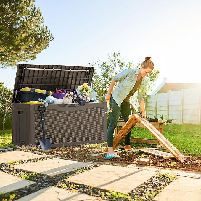 Greesum 100 Gallon Resin Deck Box Large Outdoor Storage, Imitation Rattan Weave Texture for Patio Furniture, Garden Tools, Pool Supplies, Weatherproof and UV Resistant, Lockable, Light Coffee