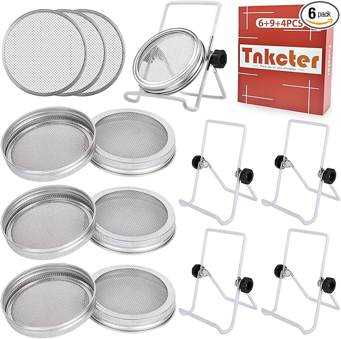 Seed Sprouting Jar Lid Kit with 9 Pack Stainless steel filter sheet and 4 Pack Stainless Steel Sprouting Stands for 86mm Wide Mouth Mason Jars for Growing Organic Sprouts 316 Stainless Steel（6 Pack）