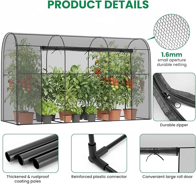 SUNYRISY Garden Plant Netting Crop Cage for Garden Raised Bed, 9.8 x 3.3 x 6 Ft Plant Cover Cage Protectors from Animal for Outdoor Plants with Frame and Zippered Door, Black