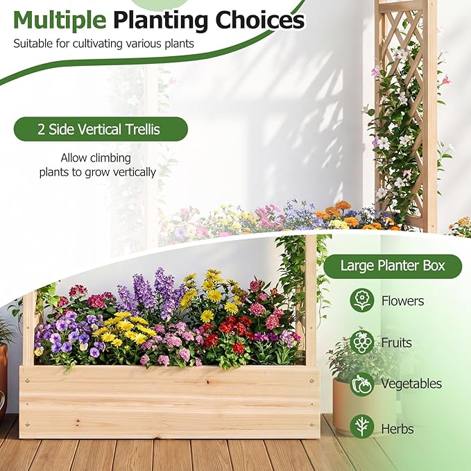 HAPPYGRILL Raised Garden Bed with Trellis & Hanging Roof, 45" Tall Wooden Planter Box with Drainage Holes, Outdoor Wood Elevated Garden Bed for Climbing Plants Vines Vegetables Flowers (Natural,1)