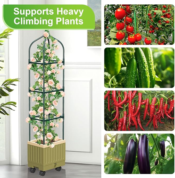Raised Garden Bed Planter Box with Trellis, 71" Self-Watering Tomato Planter with Wheels for Climbing Vegetable and Plants, Tomato Cage Planters for Indoor Outdoor Patio Greenhouse Gardening (A)
