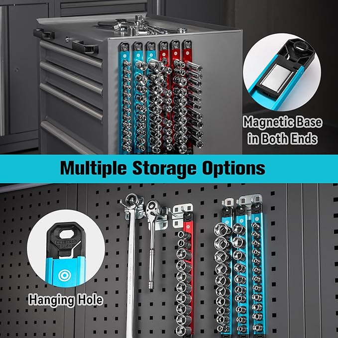 DURATECH Magnetic Socket Organizer Set, 1/4”, 3/8”, 1/2” Aluminum Alloy Socket Rail with 96 Clips, Socket Holder for Tool Box Drawer, Tool Cart and Garage Organization(9PCS)