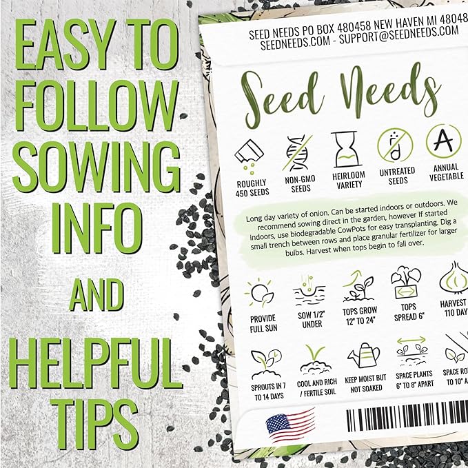 Seed Needs Onion Seeds for Planting White Sweet Spanish Long Day Onions - Non-GMO Heirloom & Untreated Vegetable Seeds to Plant an Outdoor Home Grown Veggie Garden (5 Packs)