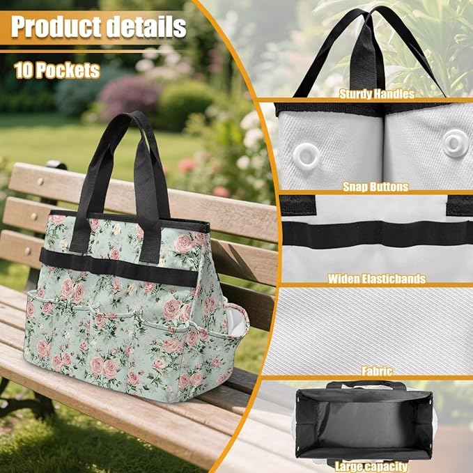 Rose Print Garden Tool Bag Portable Gardening Tool Organizer Bag with 10 Pockets and Handle Tool Carrier and Storage for Garden Lawn Yard Casual Camp