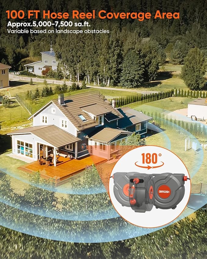Retractable Garden Hose Reel 100 ft 1/2 inch Automatic Rewind with Any-Length Lock Water Hose 9 Pattern Sprayer Nozzle 180° Swivel Wall-Mounted Hose Reel for Home Yards