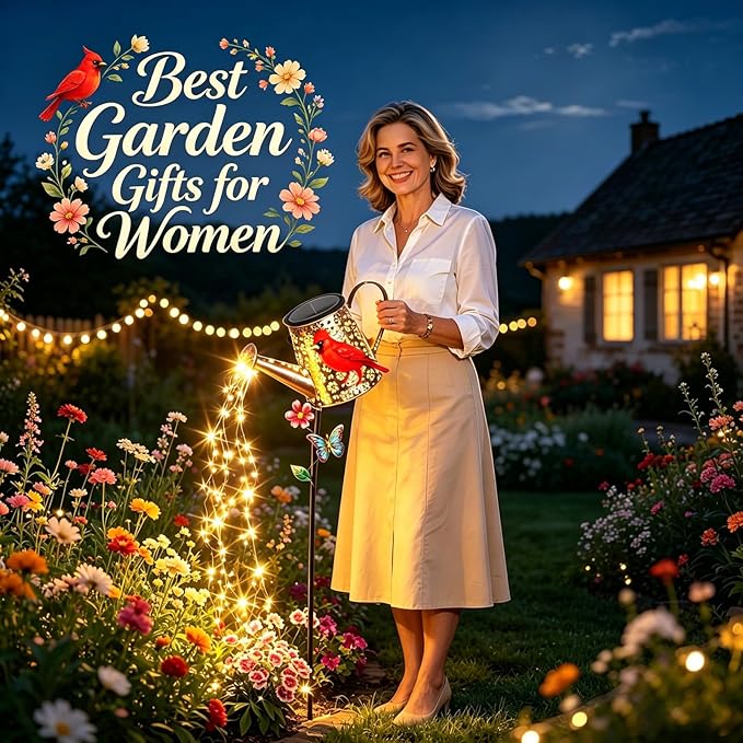 Solar Watering Can with Lights Outdoor Garden, 41in Large Red Cardinal Garden Stake Lights, Waterproof Decoration for Yard Lawn Pathway, Gifts for Mom Grandma Women Birthday Gardening Gift