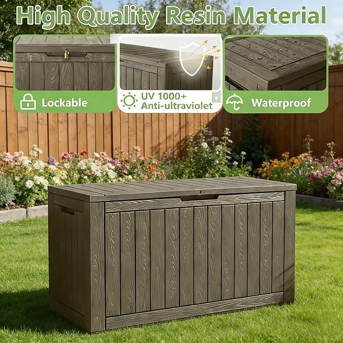 Oudoor Storage Deck Boxes Waterproof, Waterproof and UV Resistant Outdoor Storage Box Lockable Lid for Delivery Box, Indoor, Garden Tools, Pool Supplies, Patio (Grey, 110 Gallon)