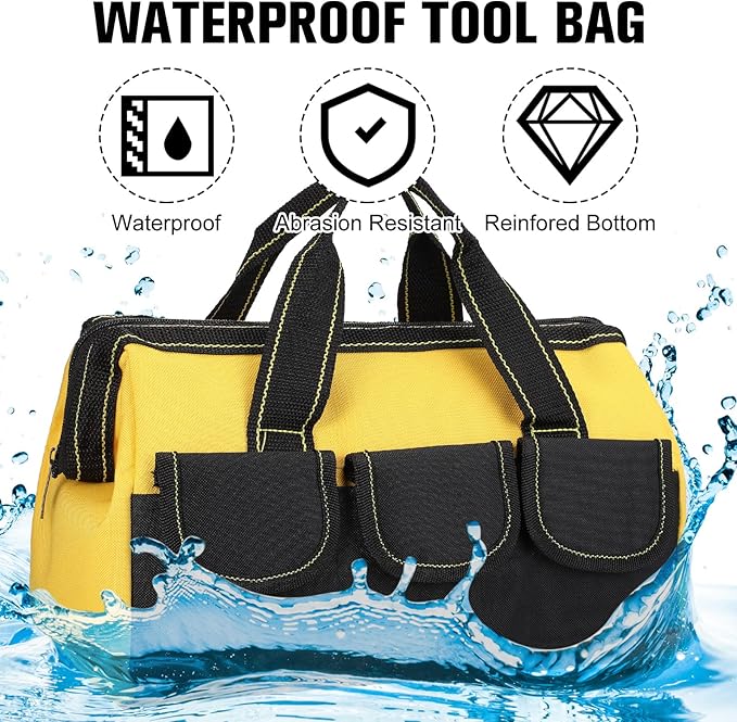 Sanwuta 3 Pack Tool Bag for Men with Waterproof Hard Bottom, Heavy Duty Tool Bag Wide Mouth Tote for Various Instrument, Electrician Carpenter Mechanic(Yellow,16 Inch,Classic)