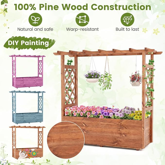 Giantex Raised Garden Bed with Sided Trellis & Roof, 45”x16”x41” Wood Elevated Planter Box, Freestanding Garden Planter Raised Bed for Flowers Herbs Climbing Vines,Brown,1