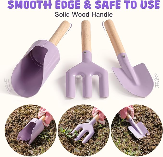 ROBOTIME Kids Gardening Set, 17PCS Toddler Gardening Tools, Toddler Gardening Set with Apron, Hat, Gloves, Watering Can & Tool Bag – Outdoor Play Garden Kit for Kids for Hands-On Learning (Purple )