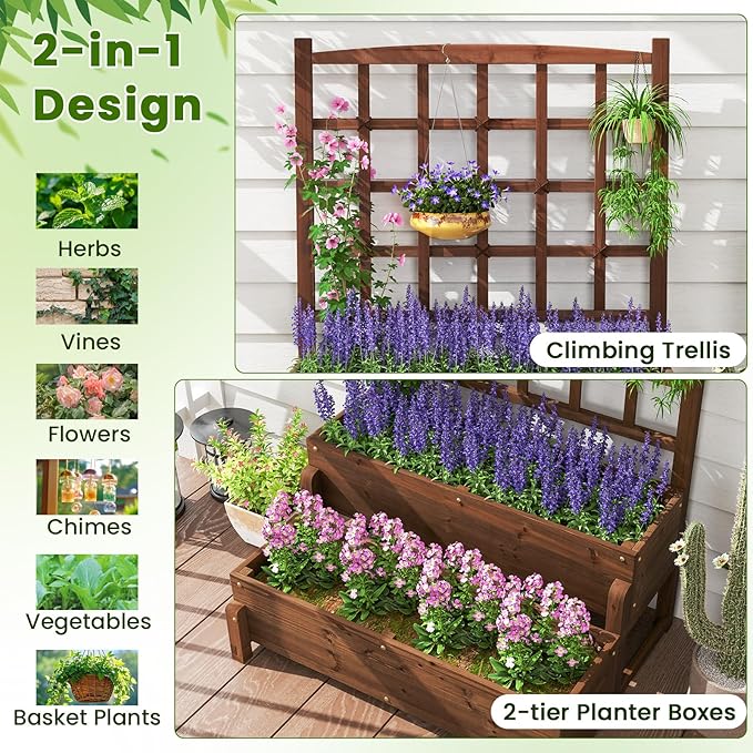 Giantex Raised Garden Bed with Legs and Trellis, 2-Tier Standing Planter Box with Drain Holes, Outdoor Elevated Garden Trellis for Vine Climbing, Flower Vegetable Fruit Herb Growing, Rustic Brown