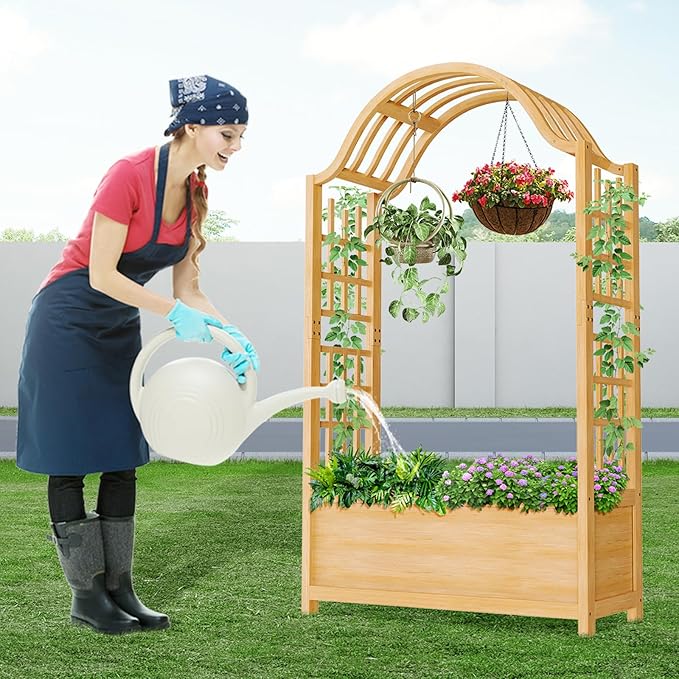 DoCred Raised Garden Bed with Trellis, Freestanding Wood Planter Box with Hanging Roof, Side Trellis Above Ground Elevated Garden Bed Outdoor Planter with Arch Trellis for Climbing Plants Vines Patio