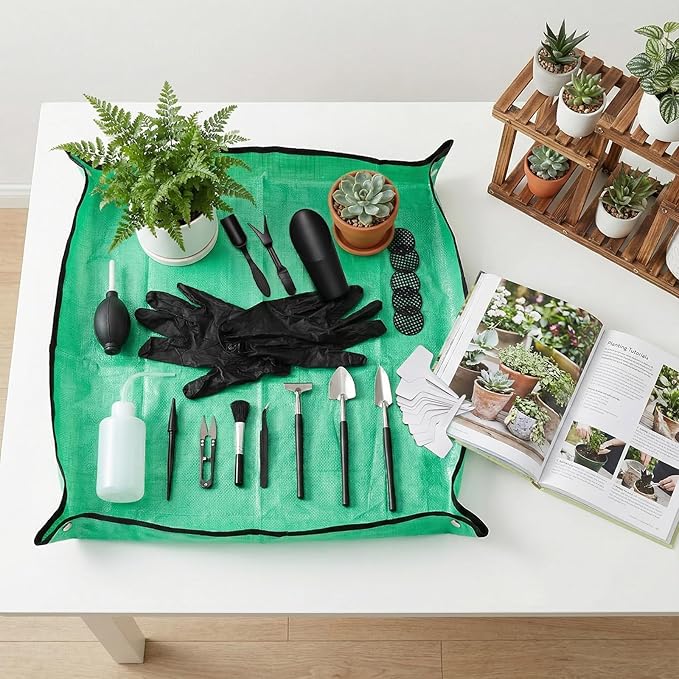 TOPZEA 30 Pcs Mini Succulent Gardening Tools Set, 19.7" Indoor Plant Repotting Mat with 29 Pcs Miniature Garden Hand Transplanting Tools, Succulent Bonsai Care Kit for Houseplant, Fairy Garden Care