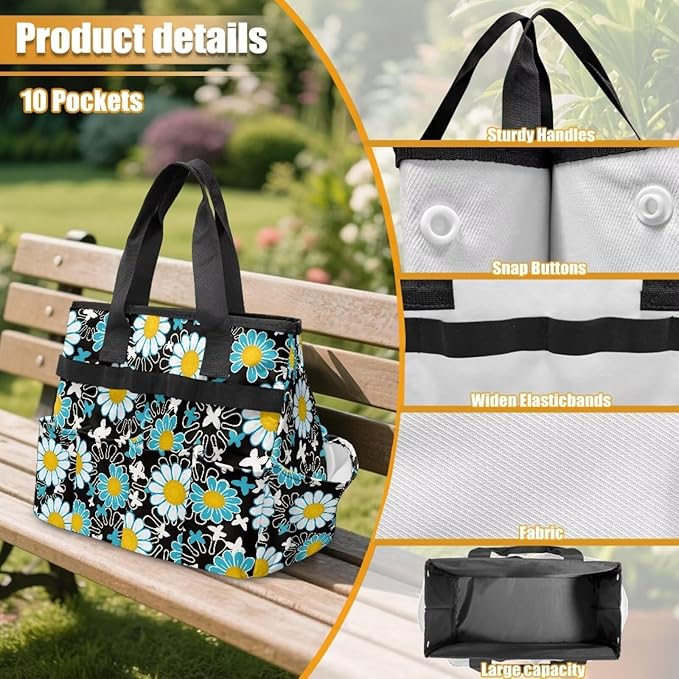 Daisy Print Garden Tool Bag Portable Gardening Tool Organizer Bag with 10 Pockets and Handle Tool Carrier and Storage for Garden Lawn Yard Casual Camp