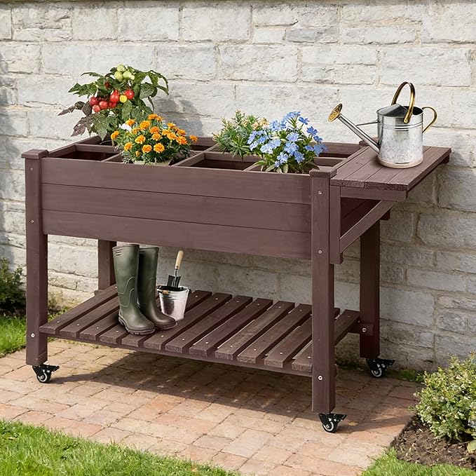 Raised Garden Bed Outdoor with Wheels, 52.7" Elevated Wooden Garden Bed with 8 Planter Boxes, Removable Dividers, Storage Shelf, Standing Mobile Planter with Non-Woven Liner