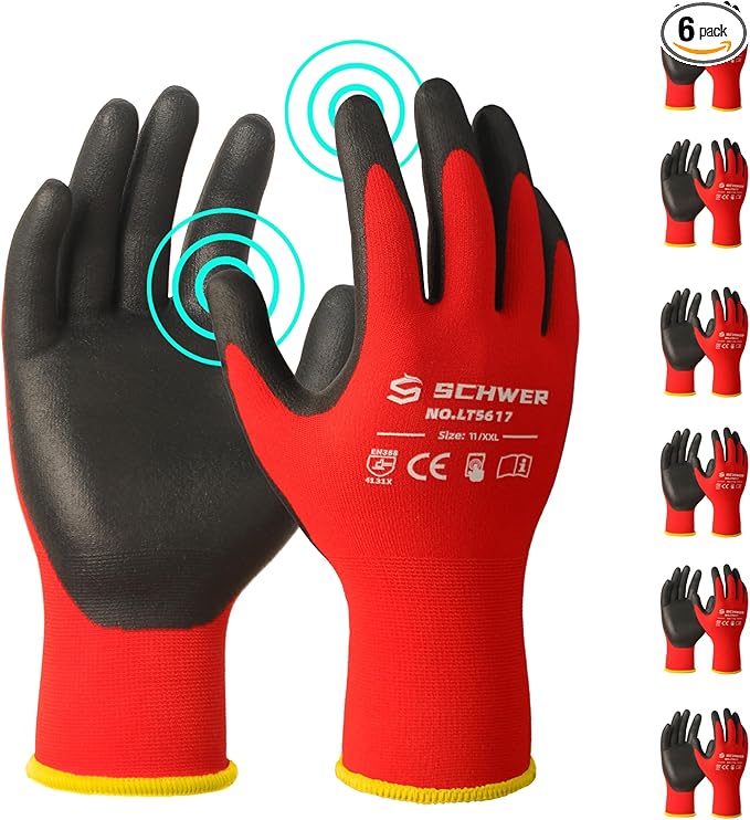 Schwer Ultra-Comfort Safety Work Gloves MicroFoam Nitrile Coated, Seamless Knit Nylon Glove for Men and Women, 6/12 Pairs, Abrasion Resistant, Non Slip, Breathable, LT5617, XXL
