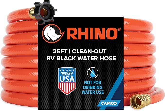 Camco Rhino 25-Ft Clean-Out Camper/RV Black Water Hose - Features a Heavy-Duty PVC Design & Bright Orange Color - Clean-Out Camper Black Water, Grey Water or Tote Tanks - 5/8” Inside Diameter (22990)