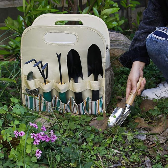 Large Capacity Multifunctional Garden Tool Bag with PE Board 600D Oxford Camping Storage Organizer 10 Pockets Beige Stripe