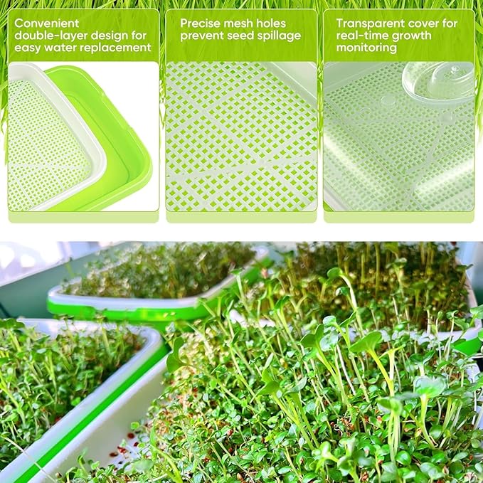 12 Pack Green Seed Sprouter Trays with Lid, Soil-Free Cultivation Germination Tray, Fodder Sprouting Trays Nursery Tray with Planting Paper for Indoors Outdoors