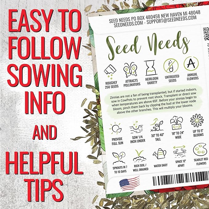 Seed Needs Zinnia Seeds for Planting Scarlet Flame Zinnias - Heirloom & Open Pollinated Annual Cut Flowers Perfect for Bouquets - Plant a Wildflower Butterfly Garden (1 Pack)