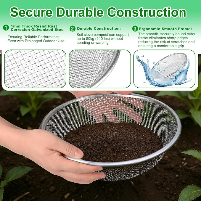 3PACK Soil Sifter for Gardening - Rock Sand Dirt Compost Sifter Fits 5-Gallon Buckets 1/4 Inch, 1/8 Inch, 3/8 Inch Mesh Sieve for Gravel, Dirt, Sawdust with Repotting Mat