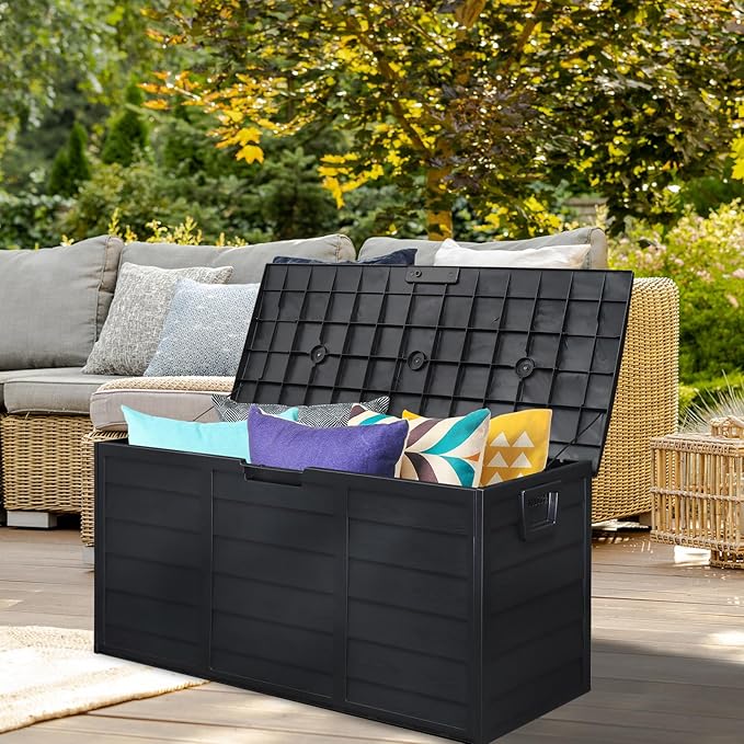 VINGLI 75 Gallon Resin Outdoor Deck Box, 75 Gallon Patio Storage Box with Side Handles, Lockable Storage Containers for Patio Furniture Cushions, Pool Accessories, Garden Tools, Full Black