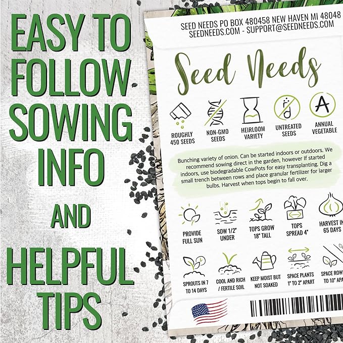 Seed Needs Onion Seeds for Planting Tokyo White Bunching Long Day Onions - Non-GMO Heirloom & Untreated Vegetable Seeds to Plant an Outdoor Home Grown Veggie Garden (2 Packs)