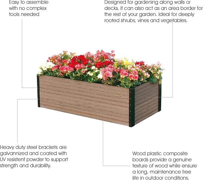 Everbloom Modular Wallside Wood Plastic Composite Raised Garden Bed with Open Bottom 45” L x 24” W x 14” H-Revitalize Your Green Space with The Ultimate Yard Planters for Veggies, Flowers&Herbs