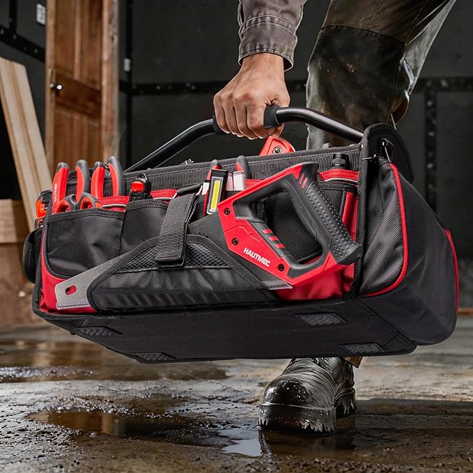HAUTMEC 18.5" Heavy-Duty Tool Tote, 1680D Open Top Tool Bag with 39-Pockets, Rotating Steel Handle, Padded Shoulder Strap & Water-Resistant Base - HT0178