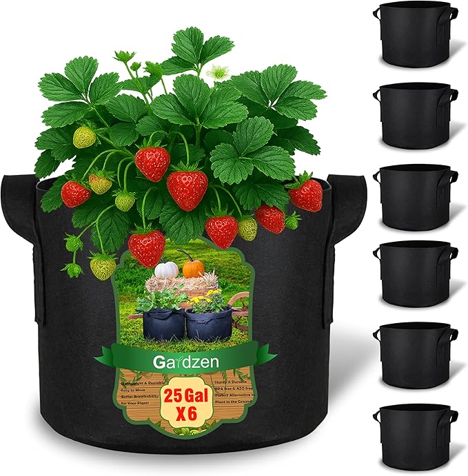 Gardzen 25 Gallon Grow Bags 6-Pack, 500G Thick Nonwoven Fabric Pots with Waterproof Liner & Breathable Bottom, for Hot Dry Climates