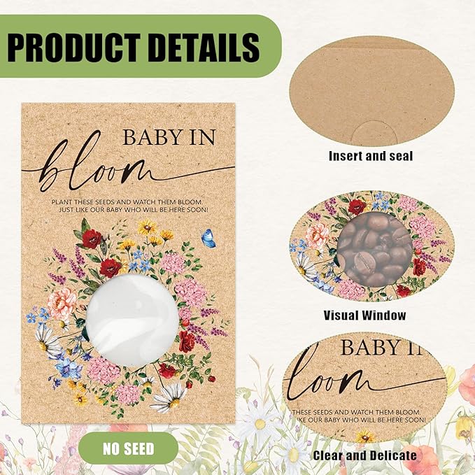 50Pcs Wildflower Seed Packets Baby in Bloom Kraft Envelopes with Window Resealable Rustic Floral Seed Storage Pockets for Garden Office Party Favors Supplies, 2.8 x 3.9 inch