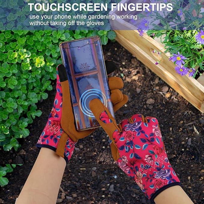 Leather Gardening Gloves for Women Thorn Proof Garden Gloves Touch Screen Working Gloves Gifts,M