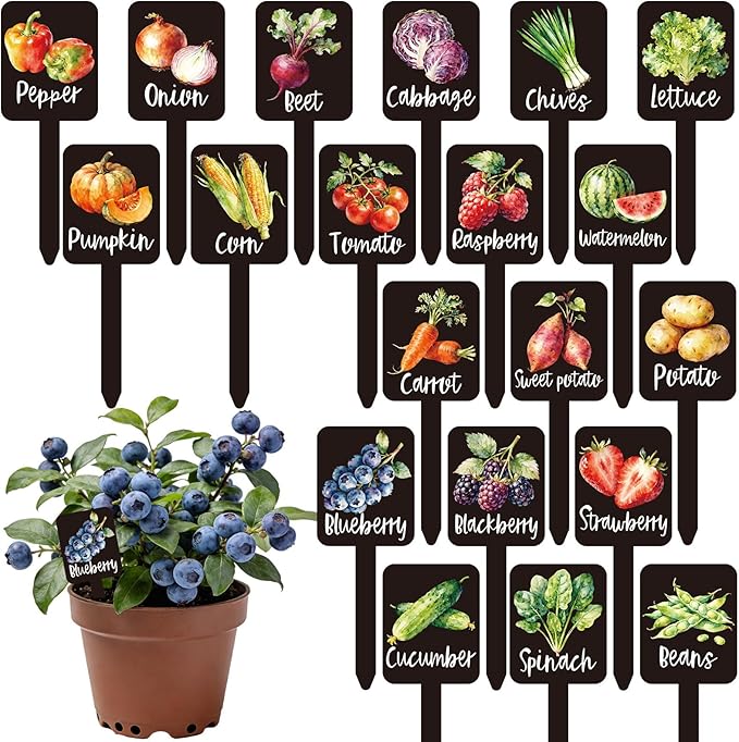 Whaline 20Pcs Watercolor Vegetable Fruit Plant Label Signs 20 Styles Garden Markers Waterproof Black Acrylic Plant Stake Tags with Names for Nursery Indoor Outdoor Garden Decor