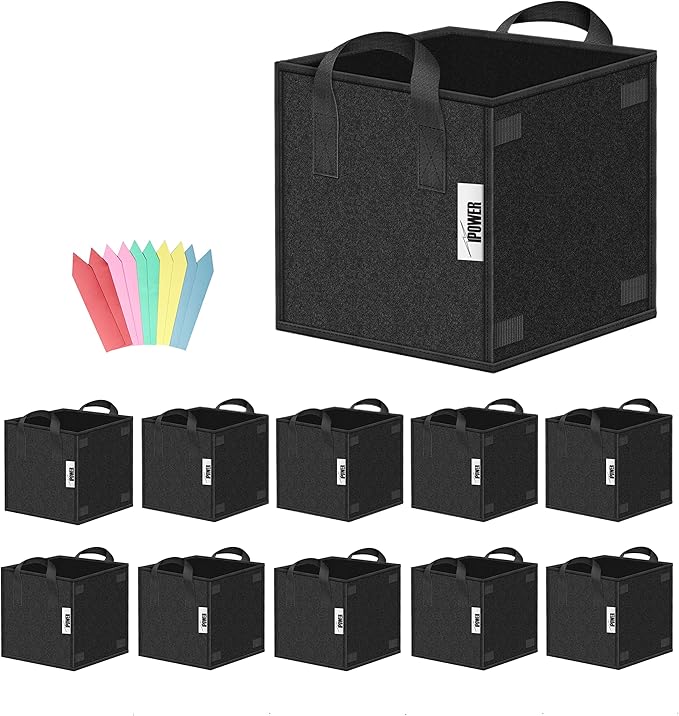 iPower 5 Gallon Square Grow Bags Thickened Non-Woven Fabric Planting Pots with Handles for Gardening from Indoor, Outdoor, 10 Pack, Black
