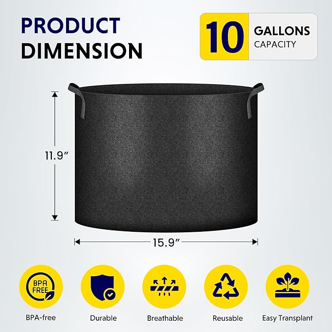 iPower 10-Pack 10-Gallon Grow Bags Nonwoven Fabric Pots Aeration Container with Strap Handles for Garden and Planting, 10 Gallon, Black