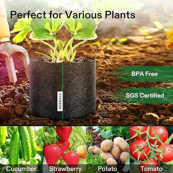 VIVOSUN 5-Pack 1 Gallon Grow Bags, Fabric Pots with Self-Adhesion Sides for Transplanting