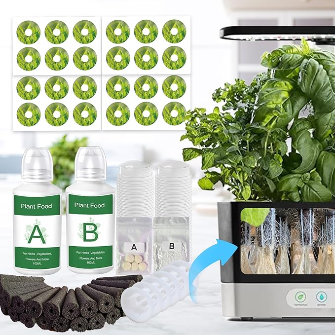 88Pcs Hydroponic Seed Pods Supplies Kit for Aerogarden Pods, Hydroponics Garden Accessories, Grow Anything Kit with 24 Grow Sponges 12 Grow Baskets 24 Domes 24 Pod Labels 400ml Plant Food Nutrients